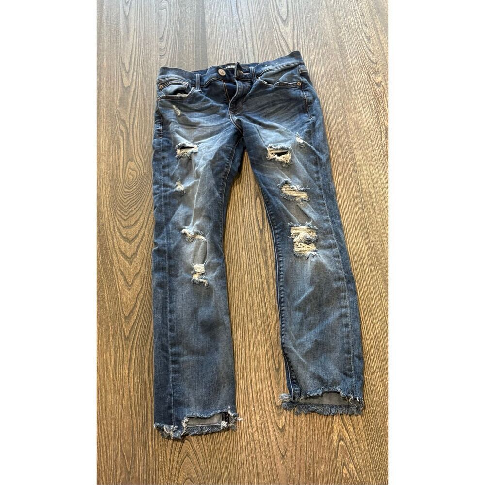 Express Womens Skinny Ankle Jeans Mid Rise Distressed Raw Hem Denim Blue Size 4R